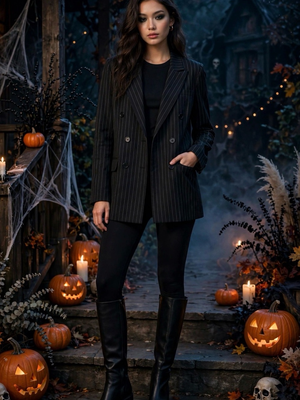 Spirit Black Pinstripe Double-Breasted Blazer & Skinny Leggings